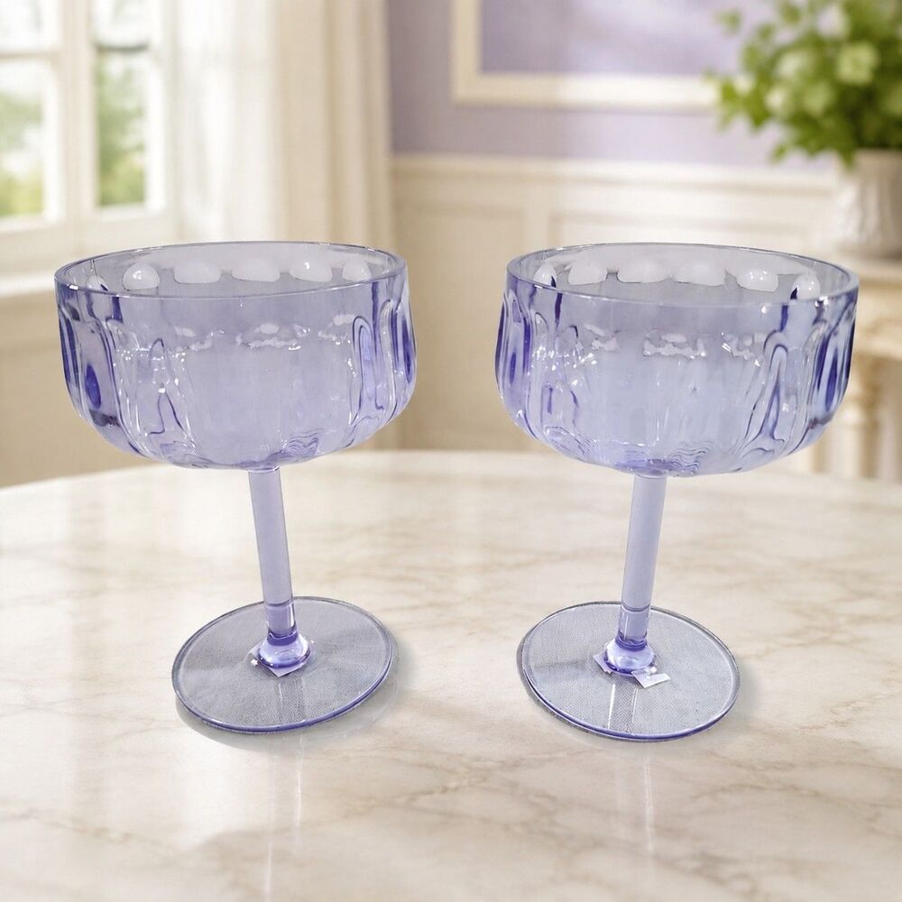 Set of 2 Lavender Purple Acrylic Ribbed Dessert Cups Stemmed Goblets Vintage...